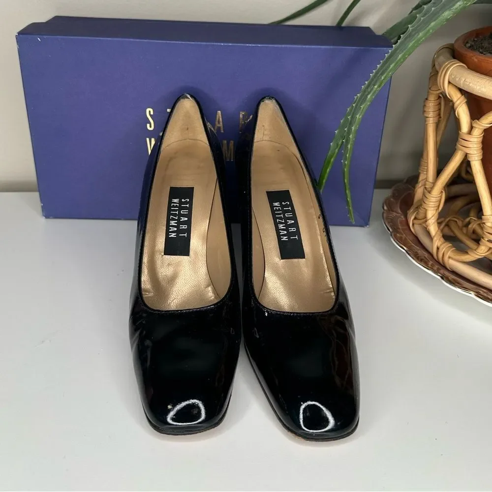 VTG Stuart Weitzman Lex Black Patent Leather Pumps 7.5 AA Block Heel Square Toe - Picture 3 of 15